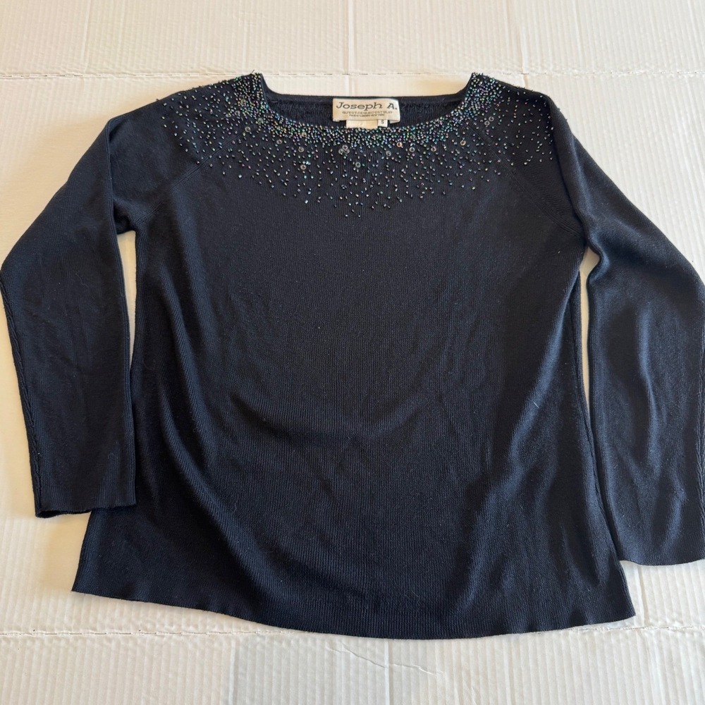 Vtg Joseph A. Black 100% Silk Rainbow Beaded Neckline Long Sleeve Sweater Size S